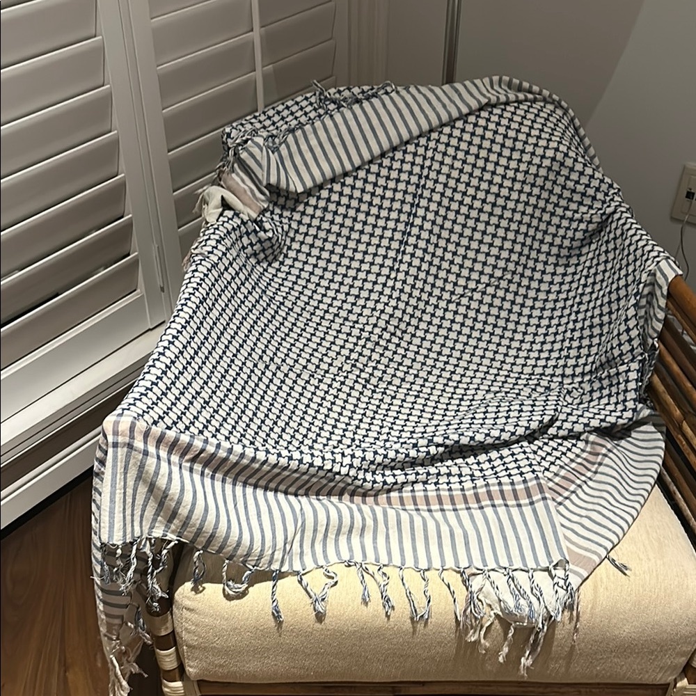Blue and Beige Patterned Scarf. 100% Cotton.